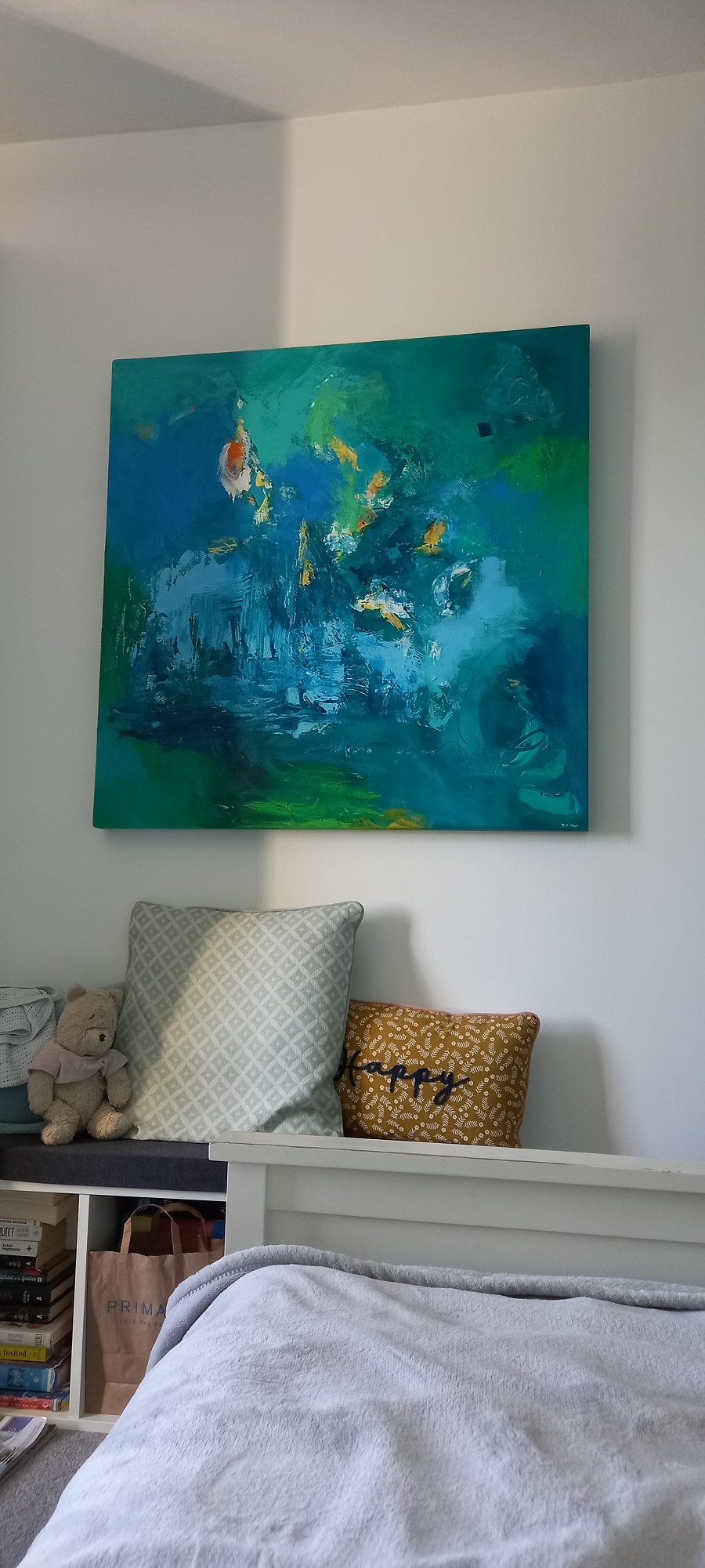 Colorful acrylic abstract painting ' ' by UK artist Stella Hidden hanging in a home