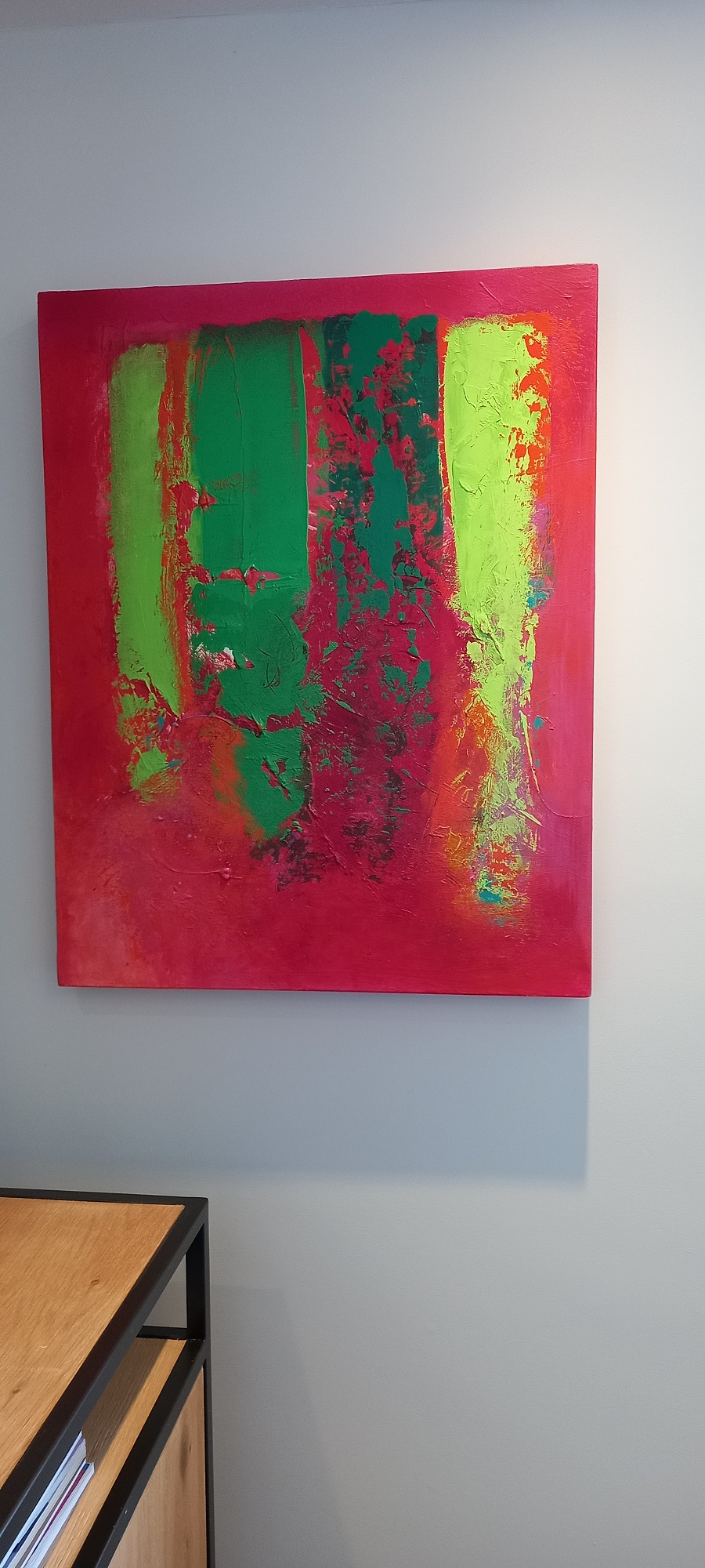 Colorful acrylic abstract painting ' ' by UK artist Stella Hidden hanging in a home