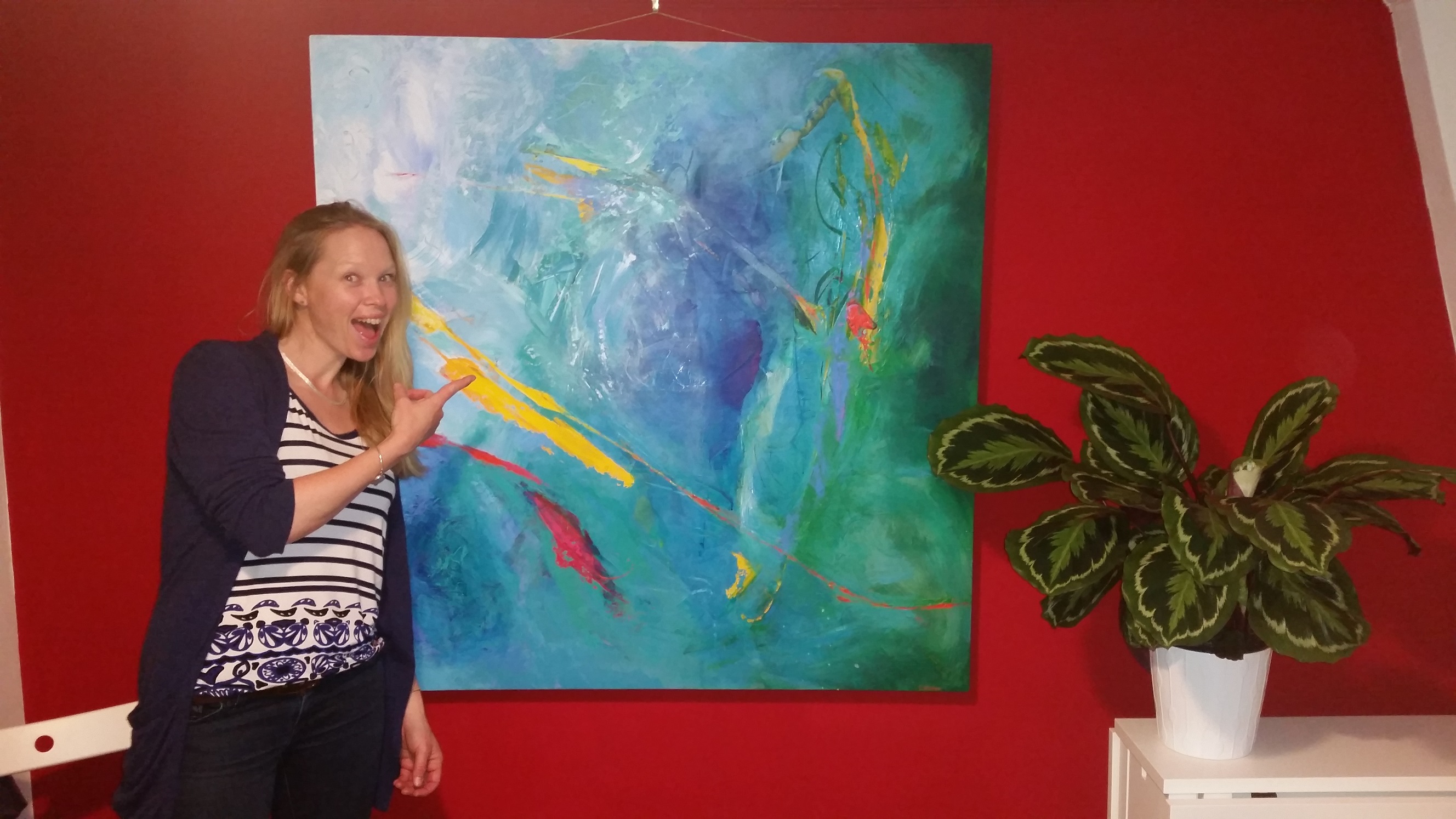 Colorful acrylic abstract painting ' ' by UK artist Stella Hidden hanging in a home