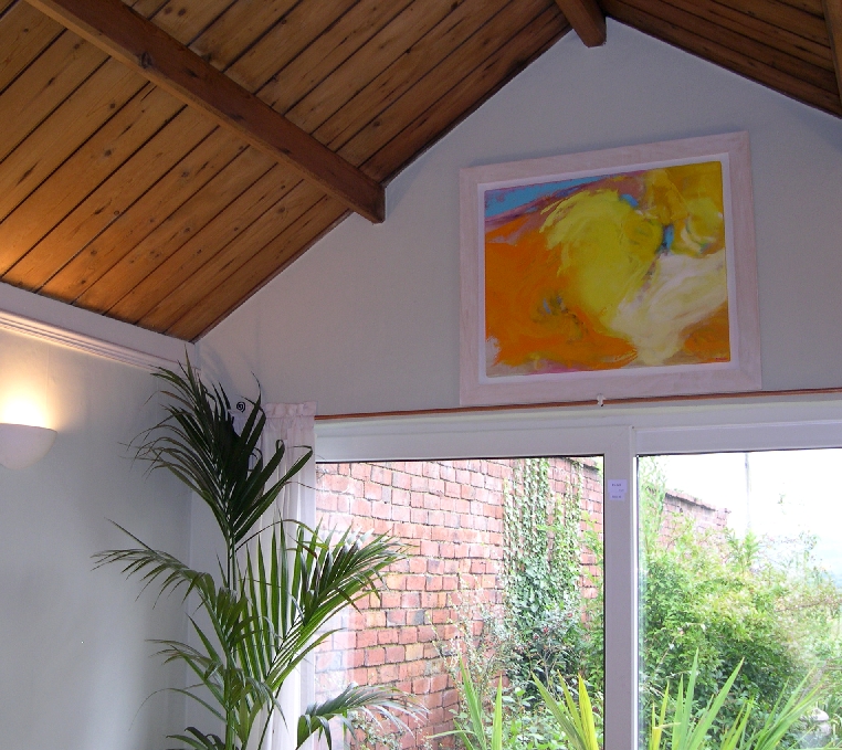 Colorful acrylic abstract painting 'It's April' by UK artist Stella Hidden hanging in a home