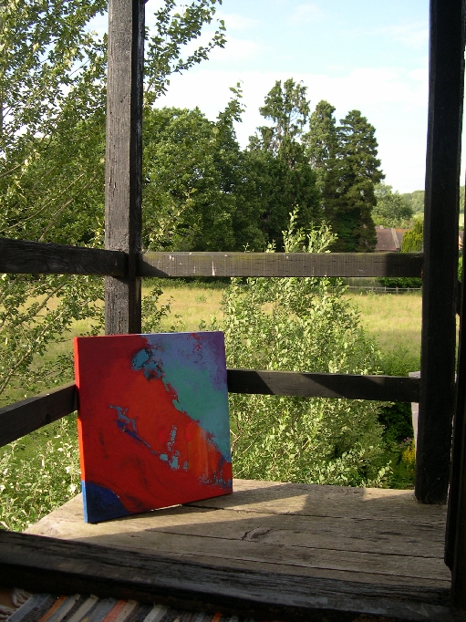 Colorful acrylic abstract painting 'Zing' by UK artist Stella Hidden hanging on display
