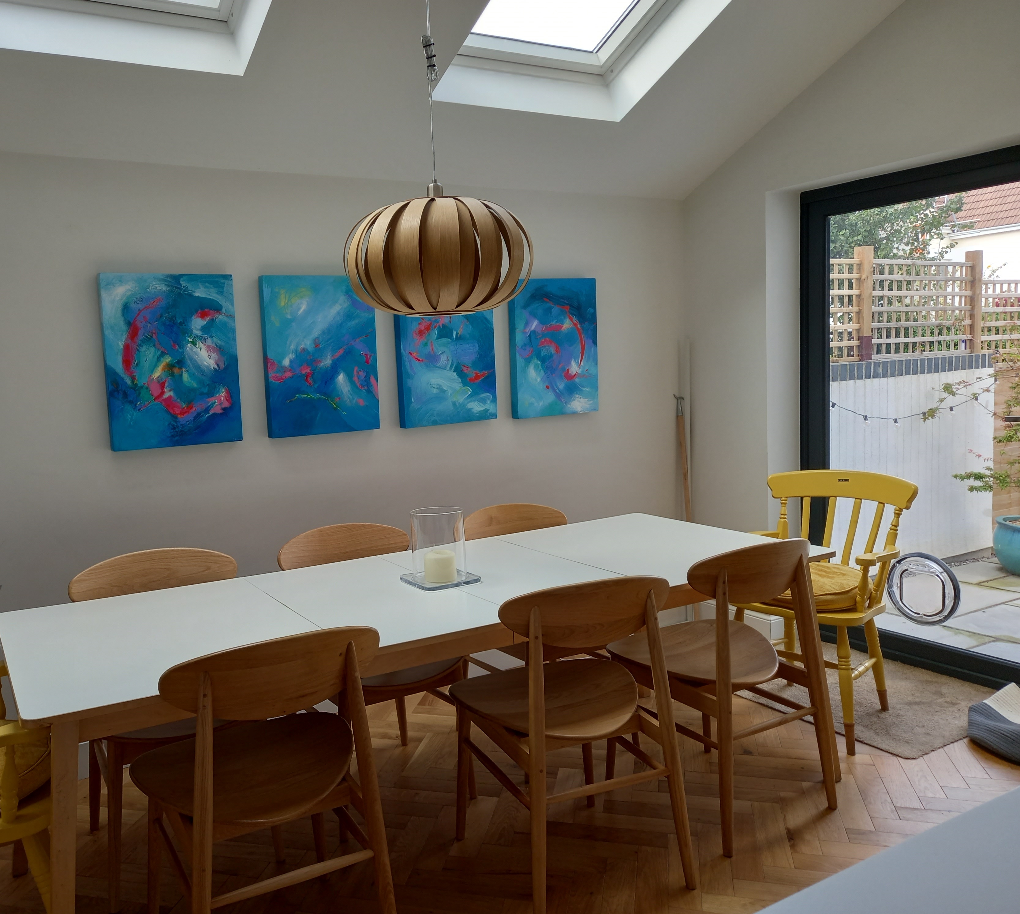 Colorful acrylic abstract painting ' ' by UK artist Stella Hidden hanging in a home