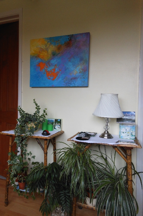 Colorful acrylic abstract painting 'Saturday in May' by UK artist Stella Hidden hanging in a home