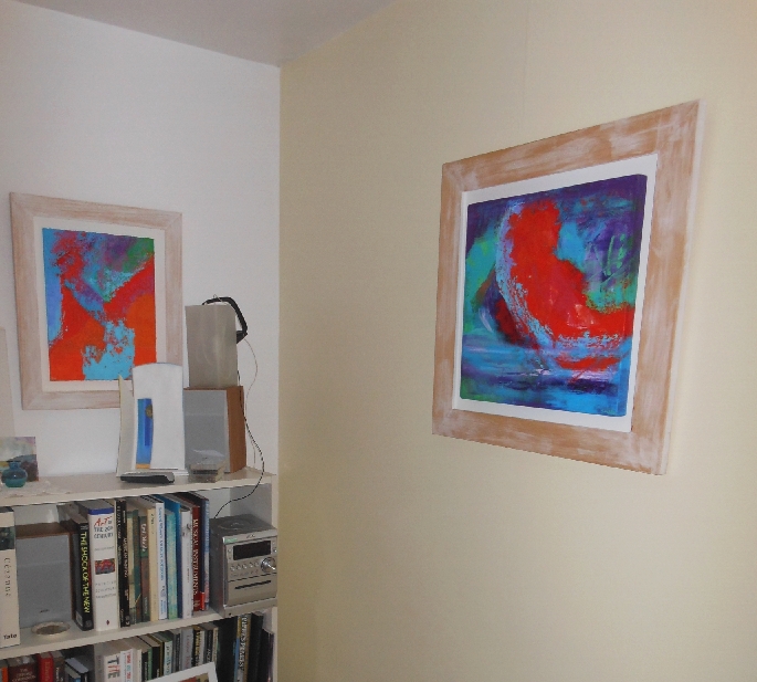 Colorful acrylic abstract painting 'Towards the East' and 'Katsegan' by UK artist Stella Hidden hanging in a home