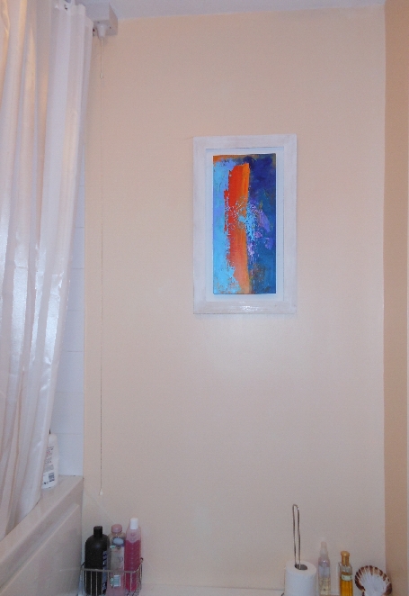 Colorful acrylic abstract painting 'Crescendo' by UK artist Stella Hidden hanging in a bathroom