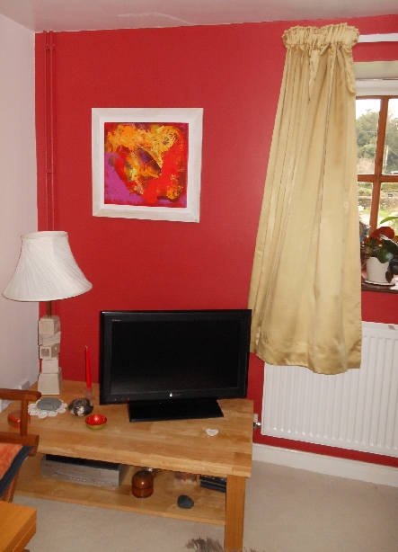 Colorful acrylic abstract painting 'That Magenta' by UK artist Stella Hidden hanging in a home