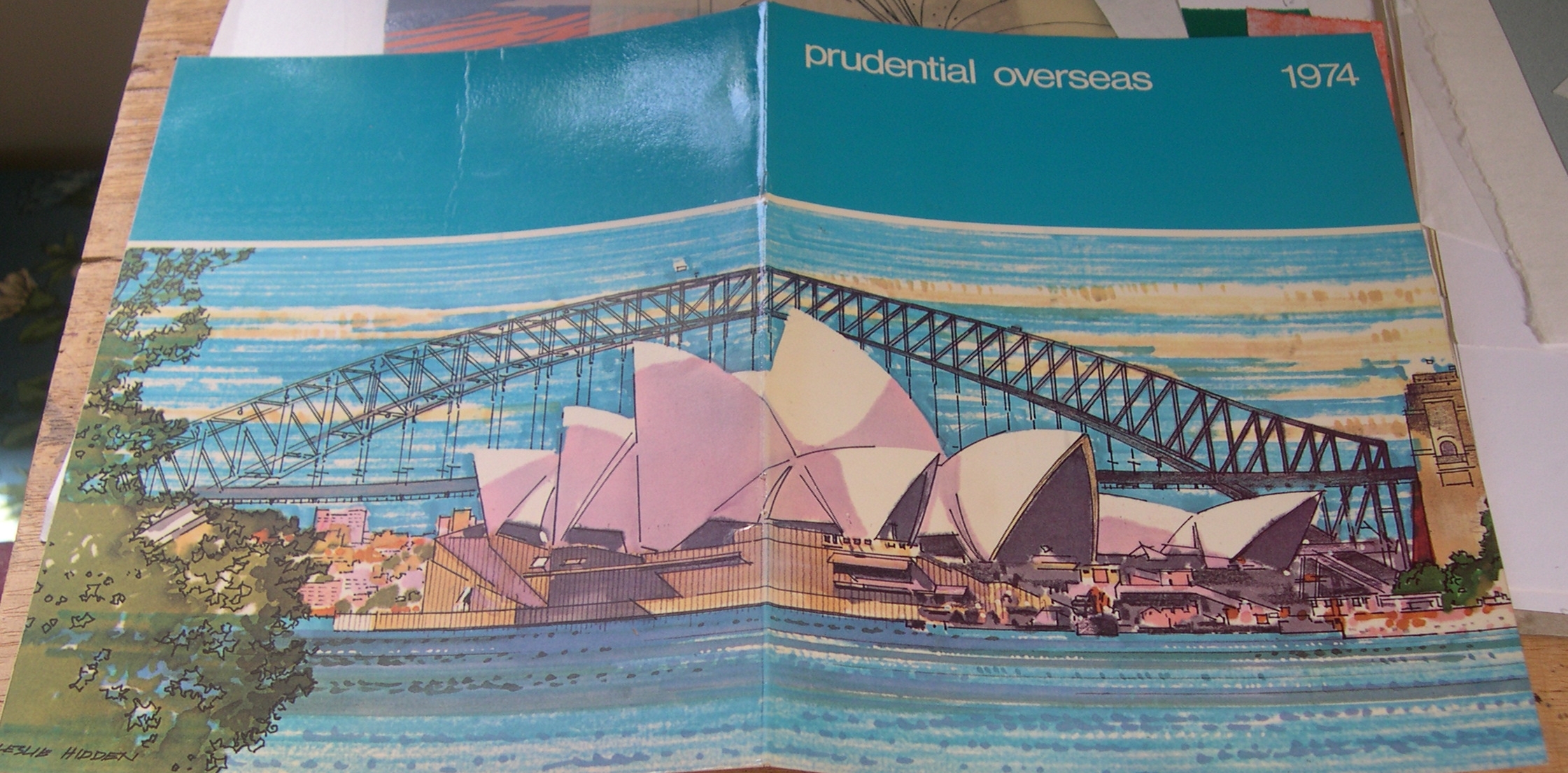 Leslie Hidden commercial art Prudential brochure of image of Sydney Harbour & image of Sydney Opera House