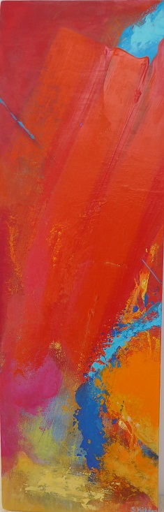 Colorful acrylic abstract painting 'Red Sweep' by UK artist Stella Hidden