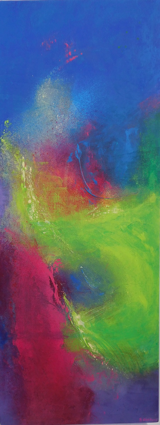 Colorful acrylic abstract painting 'Round About Midnight' by UK artist Stella Hidden