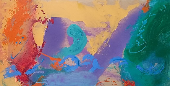 Stella Hidden's colorful acrylic abstract painting 'Blues Skipping Across'