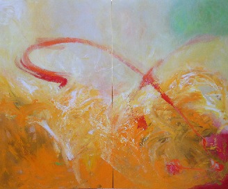 Stella Hidden's colorful acrylic abstract painting diptych 'Connected'