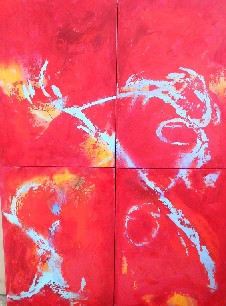 Colorful acrylic abstract painting 'Four Dances' by UK artist Stella Hidden
