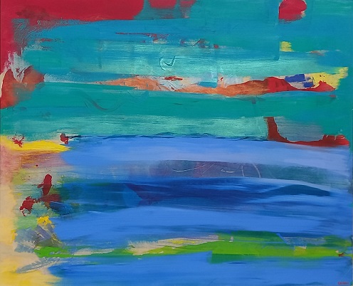 Colorful acrylic abstract painting 'In Between' by UK artist Stella Hidden