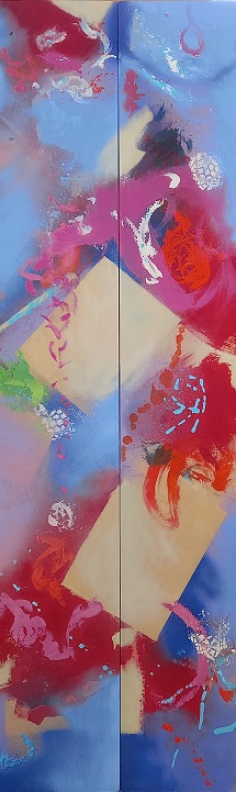 Colorful acrylic abstract painting 'Song Soaring on the Wind of Lightness' by UK artist Stella Hidden
